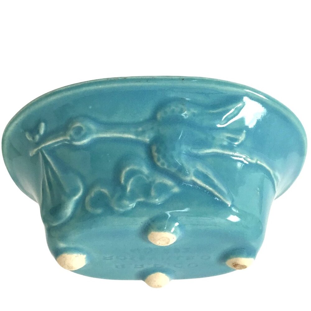 R.R.P. CO. Roseville Aqua Blue Stork Planter VTG Nursery Decor Baby Shower Gift